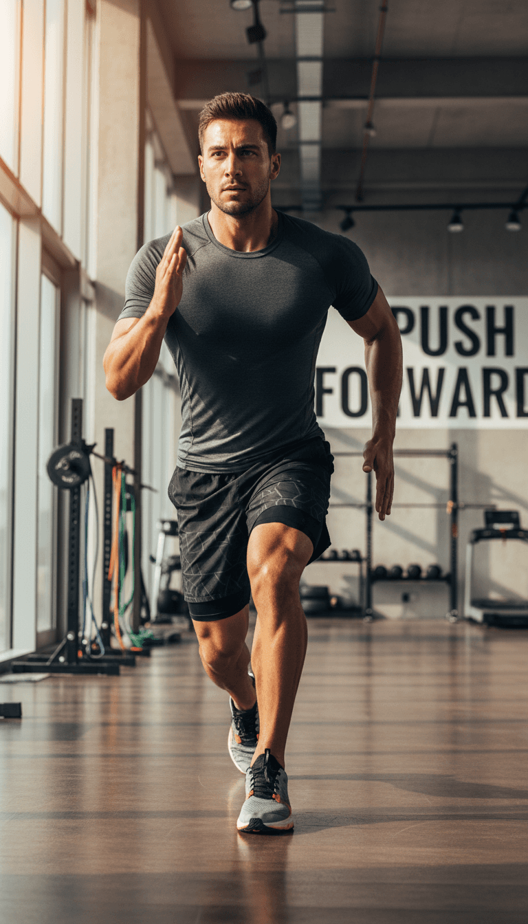 Focused athlete captured mid-stride during intense training session in modern athletic facility with strong form and concentration